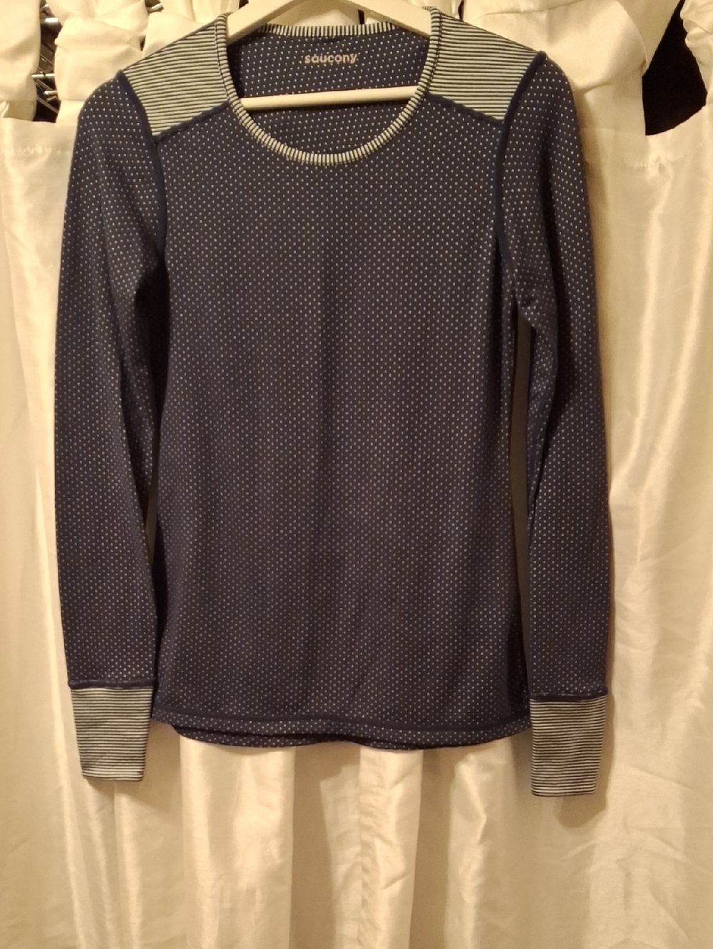 Saucony Navy Long Sleeve Top with White Pin Dots and Striped Accents